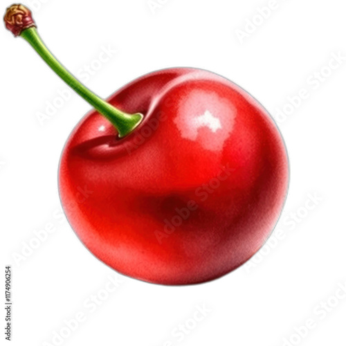 Ripe red cherry, stem, black background, digital art, food icon.
