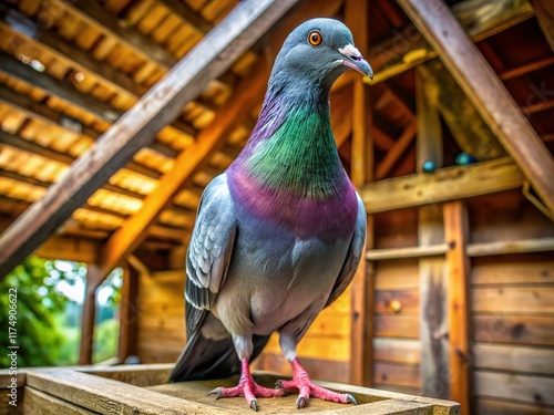 Homing Pigeon Returning Home: Full Body Portrait on Loft Trap photo