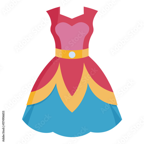Colorful dress with pink, blue, and yellow-Flat illustration of a colorful dress featuring pink, blue, and yellow hues with a heart-shaped bodice and decorative accents.

