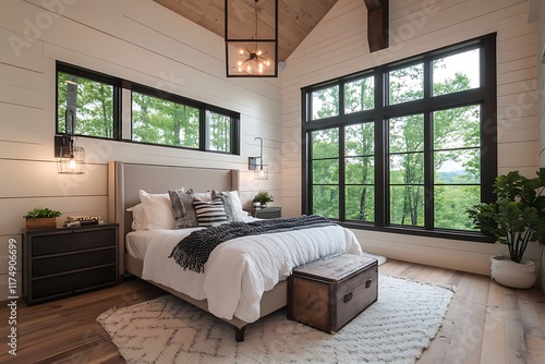 stylish bedroom with neutral tones and light decor