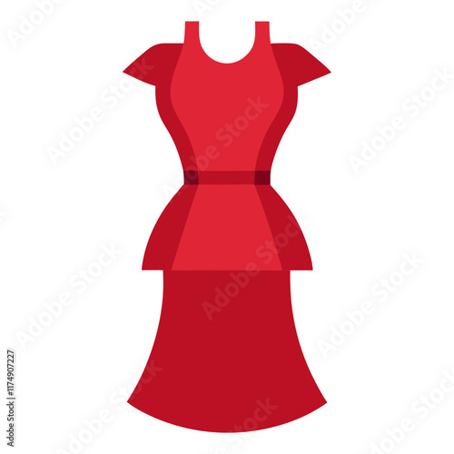 Elegant red peplum dress illustration, Vector illustration of a stylish red peplum dress featuring a fitted bodice, short cap sleeves, and a flared pencil skirt, designed in a modern and chic style.  