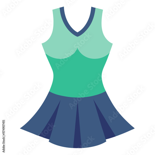 Green and blue sleeveless dress illustration, Vector illustration of a stylish green and blue sleeveless dress featuring a fitted bodice and pleated skirt, perfect for modern fashion designs.  
