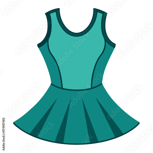 Teal sleeveless dress illustration, Vector illustration of a teal sleeveless dress with a fitted bodice and pleated flared skirt, designed in a modern and elegant style.  
