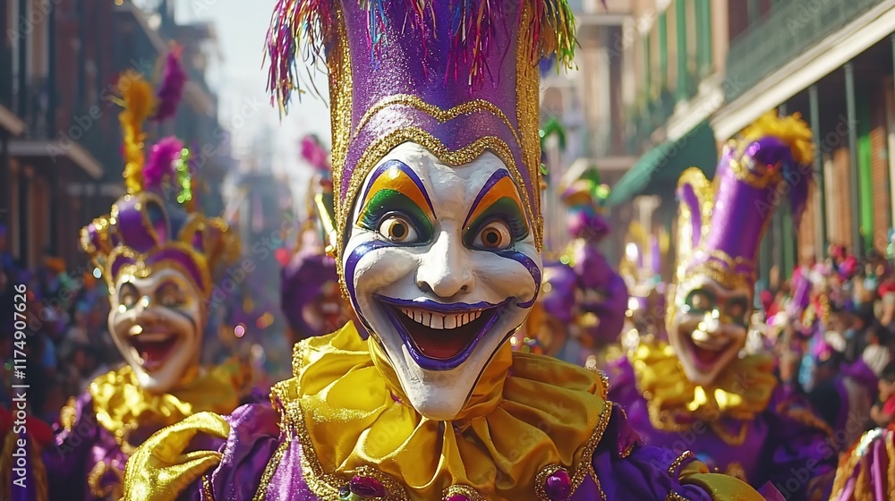 Fototapeta premium Mardi Gras Jester masks, colorful costumes, street parade.