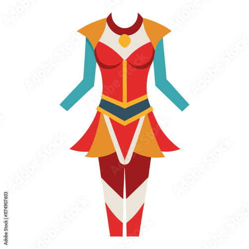 Elegant red and gold fantasy costume illustration, Vector illustration of a detailed fantasy costume in red, gold, and white with teal sleeves, featuring a layered skirt and bold design.  
