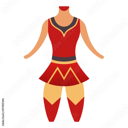 Female red and gold fantasy costume illustration, Vector illustration of a red and gold female fantasy costume with a fitted top, flared skirt, and detailed leggings, perfect for cosplay or role-play
