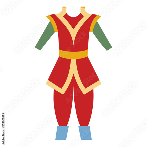 Traditional warrior costume illustration, Vector illustration of a red and gold traditional warrior costume with green sleeves and blue boots, perfect for cultural or fantasy themes.  
