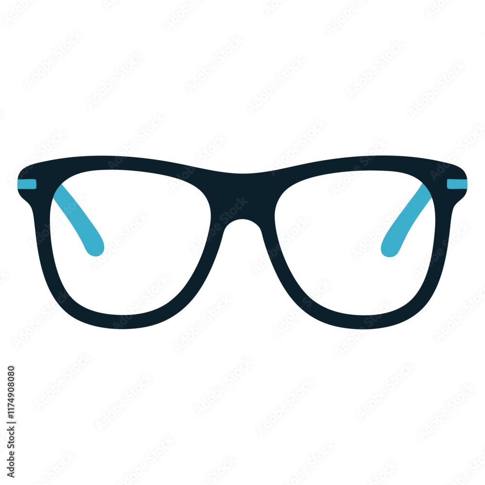 Fototapeta premium Minimalist black eyeglasses illustration, Vector illustration of a pair of black eyeglasses with blue inner temples, isolated on a white background for design use.