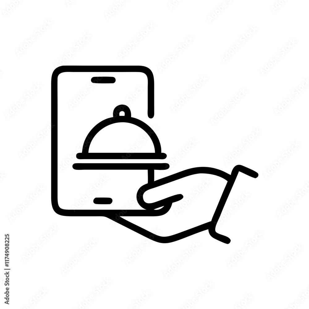 Small business Food delivery service line art icon with smartphone and serving tray