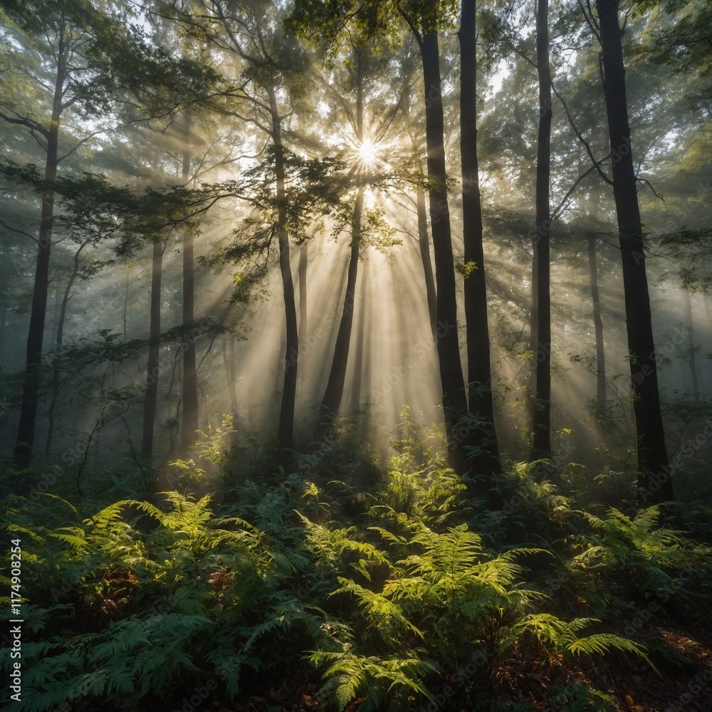 Obraz premium A foggy forest morning with sunlight creating golden beams through the canopy.