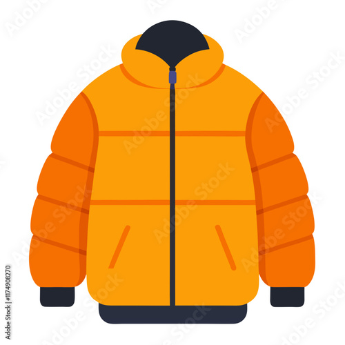 Bright Orange Puffer Jacket with Black Trim, Stylized orange puffer jacket with black trim, padded design, and zip closure, perfect for winter fashion or outdoor activities.  
