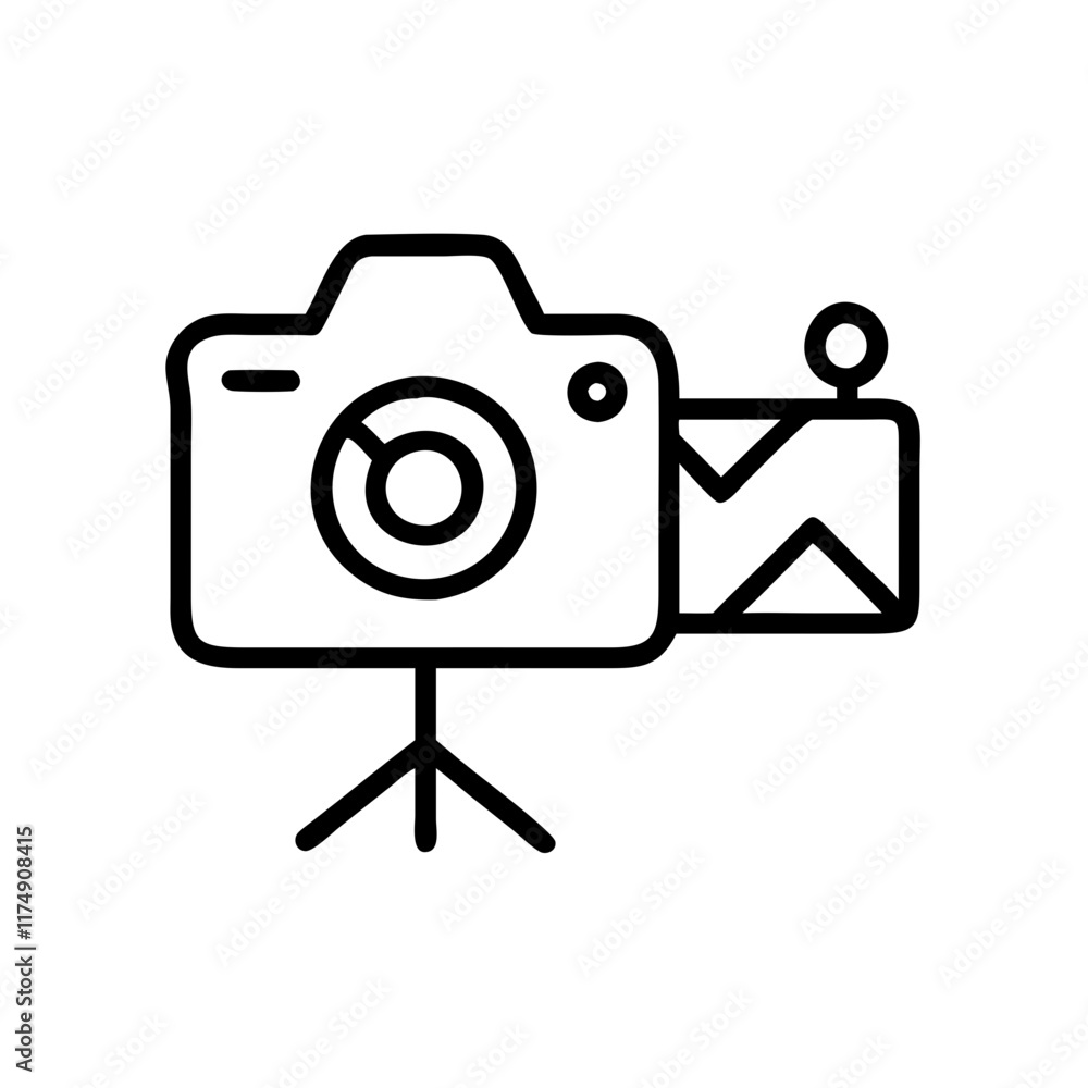 Small business Event photography line art icon with camera on tripod Small business Event photography line art icon with camera on tripod