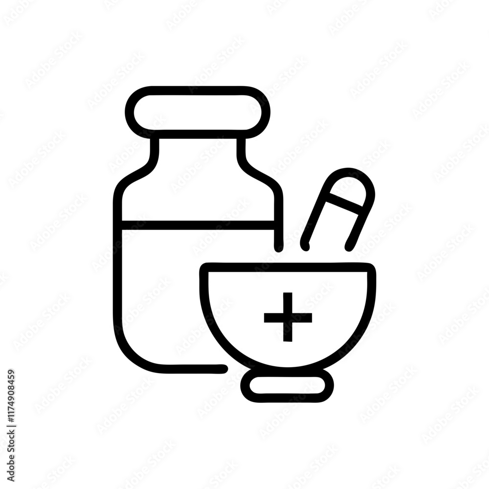 Small business Pharmacy line art icon with medicine bottle and mortar Small business Pharmacy line art icon with medicine bottle and mortar