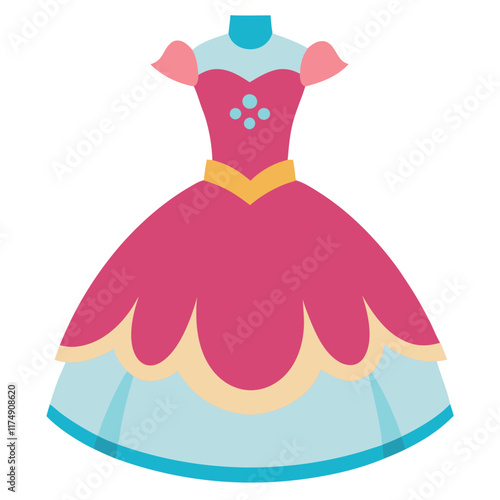 Elegant Pink and Blue Ballgown Illustration, Stylized pink and blue ballgown with scalloped layers, floral bodice detail, and yellow accents, perfect for fairytale or event themes.  
