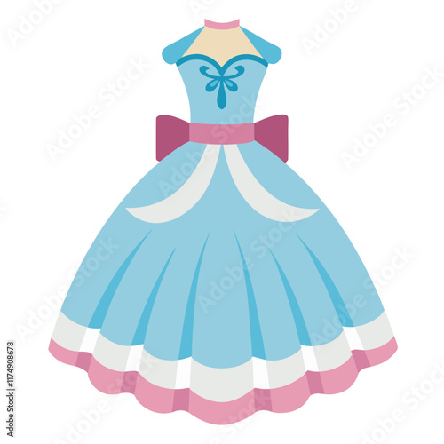 Elegant Blue Ballgown Illustration, Stylized blue ballgown with white accents, pink bow, and intricate bodice details, ideal for fairytale, wedding, or fashion themes.  
