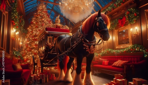 Black Horse Carriage and Christmas Decorations