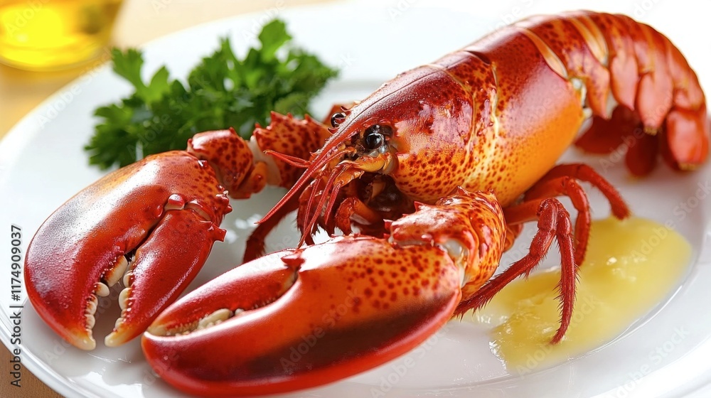 A lobster tail served on a white plate with melted butter and parsley garnish. A lobster tail served on a white plate with melted butter and parsley garnish.