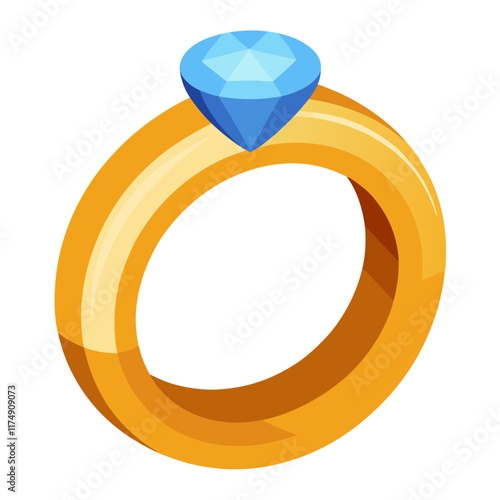 Gold Ring with Blue Diamond, An isometric illustration of a gold ring adorned with a large blue diamond, perfect for jewelry, engagement, or luxury themes.  
