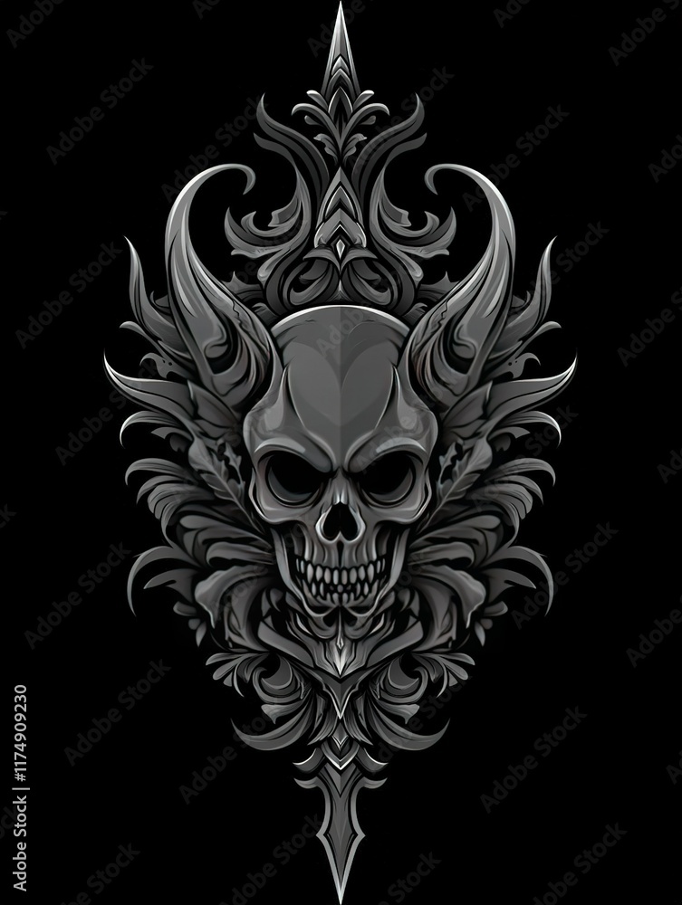 Ornate skull with horns, dark background, gothic design for apparel. Ornate skull with horns, dark background, gothic design for apparel.