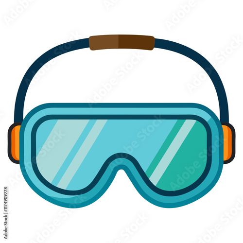 Safety Goggles Flat Illustration, Flat-style illustration of bright orange and blue safety goggles, ideal for protective gear, industrial use, or outdoor activities.  