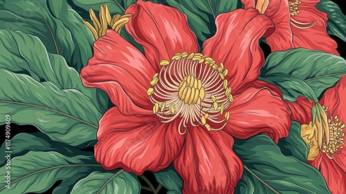 Illustration of a bright red tropical flower with yellow center and stamen surrounded by green leaves