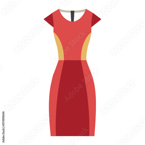 Red and Pink Dress with Yellow Side Panels, Flat vector illustration of a sleeveless red and pink dress featuring yellow side panels and a round neckline, ideal for chic and modern wear.  
