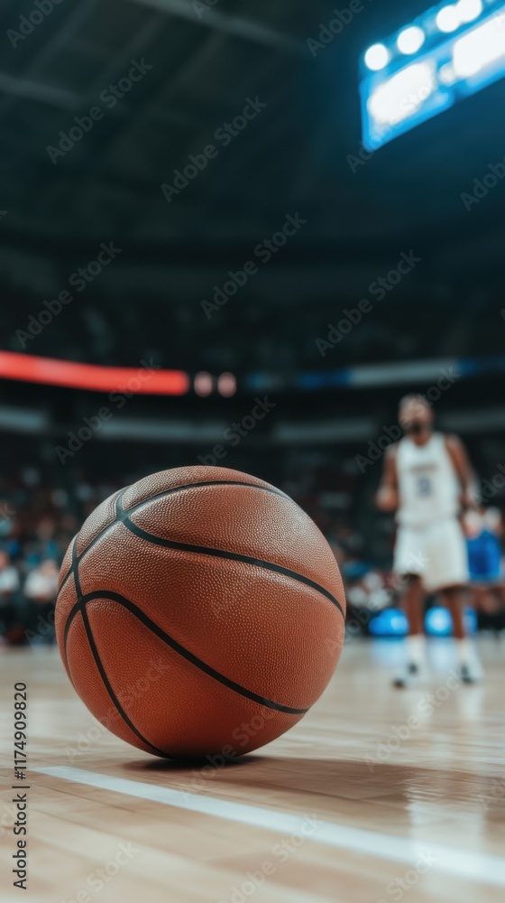 A basketball rests on the court floor under arena lights, with blurred stands and a player in the background. A basketball rests on the court floor under arena lights, with blurred stands and a player in the background.