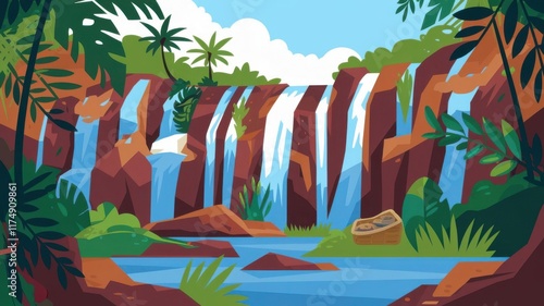 Illustration of a majestic waterfall cascading down rocky terrain surrounded by lush jungle greenery