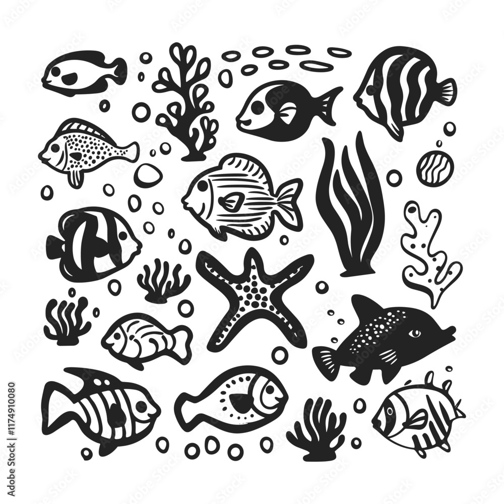 Naklejka premium Sea life drawing vector design template