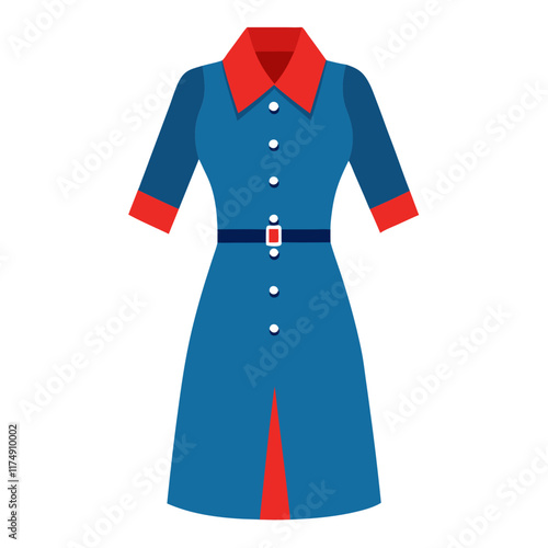 Blue Dress with Red Collar and Belt, Flat vector illustration of a blue long-sleeved dress featuring a red collar, cuffs, and belt, with button details, perfect for formal wear.  
