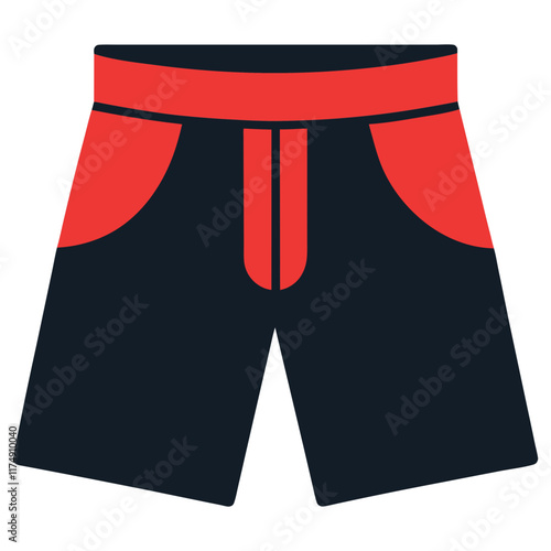 Black Sports Shorts with Red Details, Flat vector illustration of black sports shorts featuring bold red accents, designed with pockets and a modern, athletic style.  
