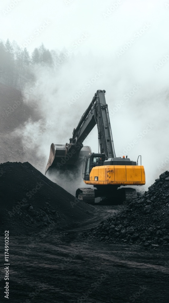 A giant yellow bucket-wheel excavator operates in a misty coal mine, capturing the industrial scene's gritty and atmospheric mood. A giant yellow bucket-wheel excavator operates in a misty coal mine, capturing the industrial scene's gritty and atmospheric mood.