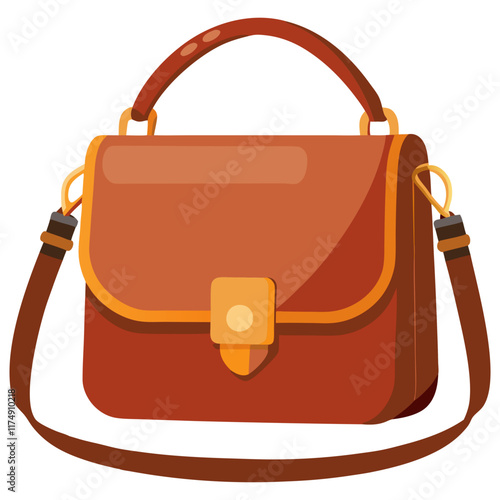 Brown Leather Satchel with Adjustable Strap, Flat vector illustration of a brown leather satchel featuring a top handle, adjustable strap, and gold clasp, ideal for stylish and modern fashion designs.