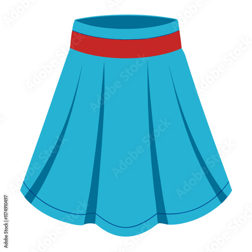 Blue Flared Skirt with Red Waistband, Flat vector illustration of a blue flared skirt featuring a bold red waistband and subtle pleats, ideal for casual and modern fashion designs. 
