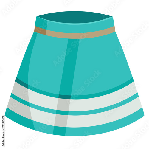 Teal Skirt with Striped White Accents, Flat vector illustration of a teal skirt featuring white striped accents and a beige waistband, ideal for casual and stylish fashion designs. 
