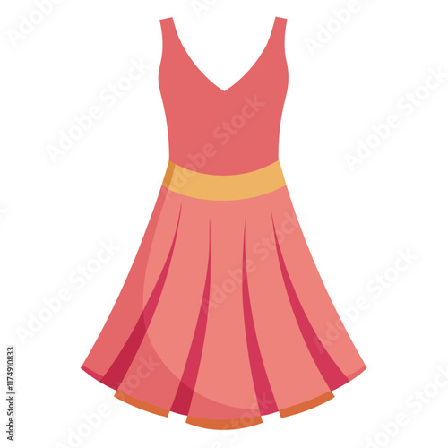 Pink Sleeveless Dress with Yellow Waistband, Flat vector illustration of a pink sleeveless dress featuring a flared skirt and yellow waistband, perfect for summer and casual fashion themes. 
