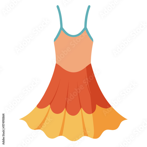 Peach and Orange Summer Dress with Flared Hem, Flat vector illustration of a peach and orange sleeveless summer dress with a flared hem and blue straps, ideal for casual fashion themes. 
