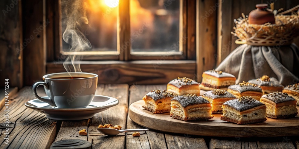 Naklejka premium Aromatic Coffee and Sweet Treats by a Rustic Window at Golden Hour