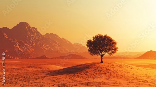 Lone Tree in Arid Desert at Sunset Symbolizing Deforestation and Climate Change photo