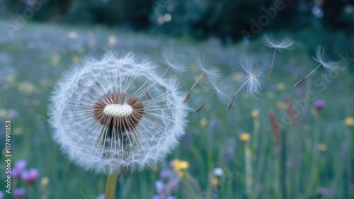 Delicate dandelion with seeds blowing in the wind against a turquoise background in a bright meadow