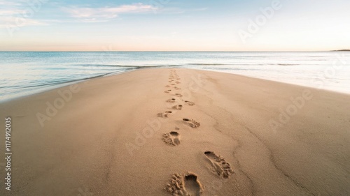 Warm beige beach sand with natural patterns, a clear blue sky, and palm trees in the background