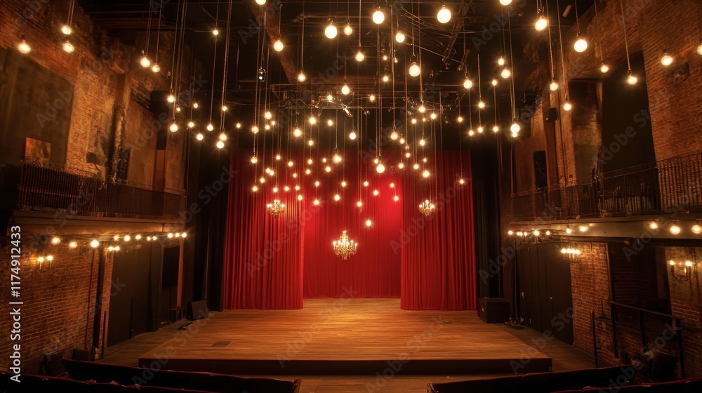 Obraz premium A minimalist yet luxurious stage setup with clean wooden floors, rich drapery, and thoughtfully placed antique lights.