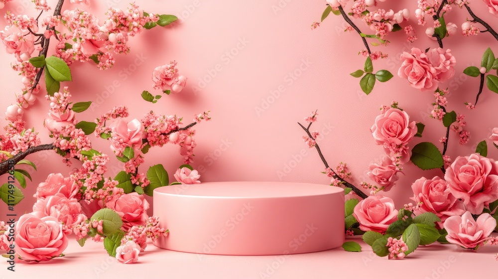 A pink 3D podium adorned with roses and flowers, surrounded by soft natural elements, perfect for beauty product displays in a spring setting. A pink 3D podium adorned with roses and flowers, surrounded by soft natural elements, perfect for beauty product displays in a spring setting.