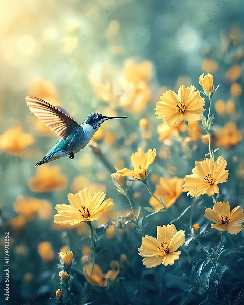 Fototapeta premium A hummingbird hovering near vibrant yellow flowers in a serene, blurred background.