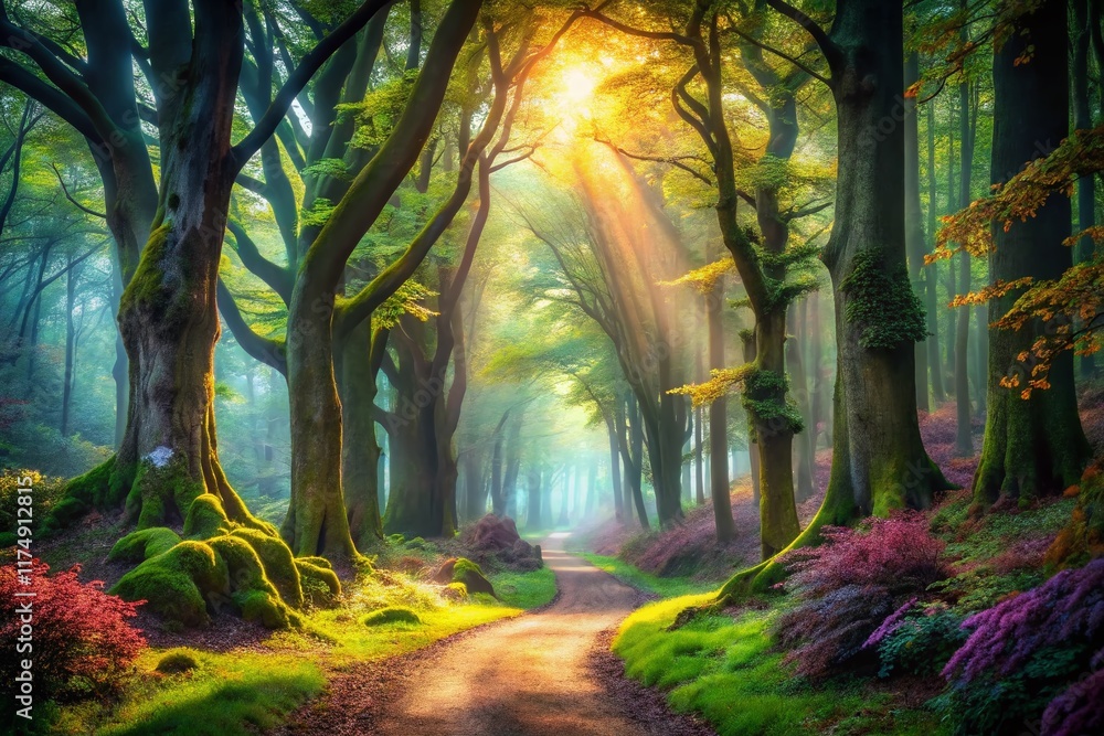 Obraz premium Magical Forest Path: Enchanting Woodscape with Copy Space for Fantasy Designs