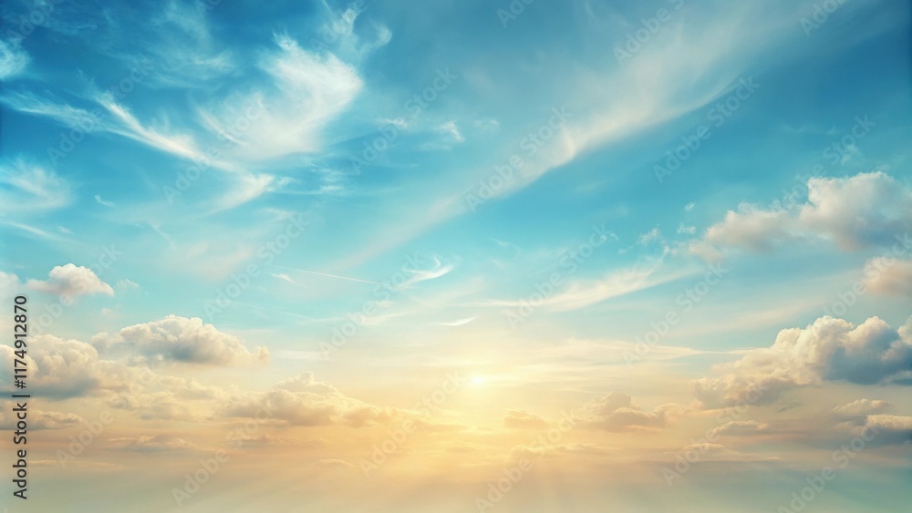 Serene Sunset Sky Soft Hues of Orange and Blue with Wispy Clouds and Golden Light Rays Serene Sunset Sky Soft Hues of Orange and Blue with Wispy Clouds and Golden Light Rays