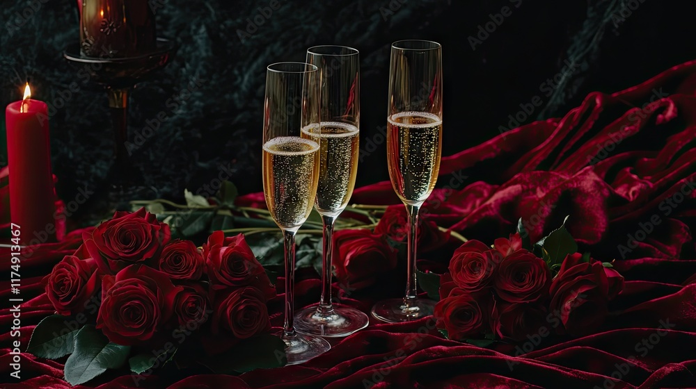 A romantic setup with champagne flutes, vibrant red roses, and a rich crimson velvet fabric, creating an elegant Valentine's mood. A romantic setup with champagne flutes, vibrant red roses, and a rich crimson velvet fabric, creating an elegant Valentine's mood.