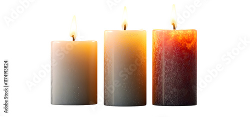 three burning candles isolated on transparent background photo