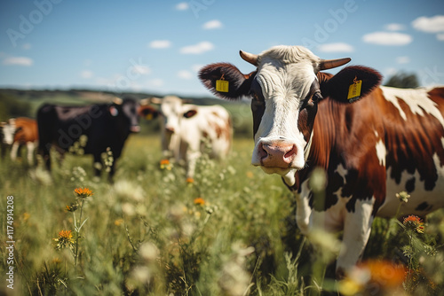 idyllic scene of cows harmoniously dwelling in a verdant meadow, their tranquil grazing and bucolic allure of rural existence photo