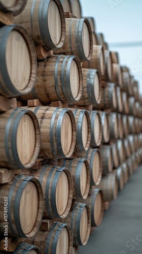 Rows of wooden barrels stacked in a dimly lit vault, likely used for aging wine or whiskey. The setting exudes an old-world charm and rustic elegance. photo